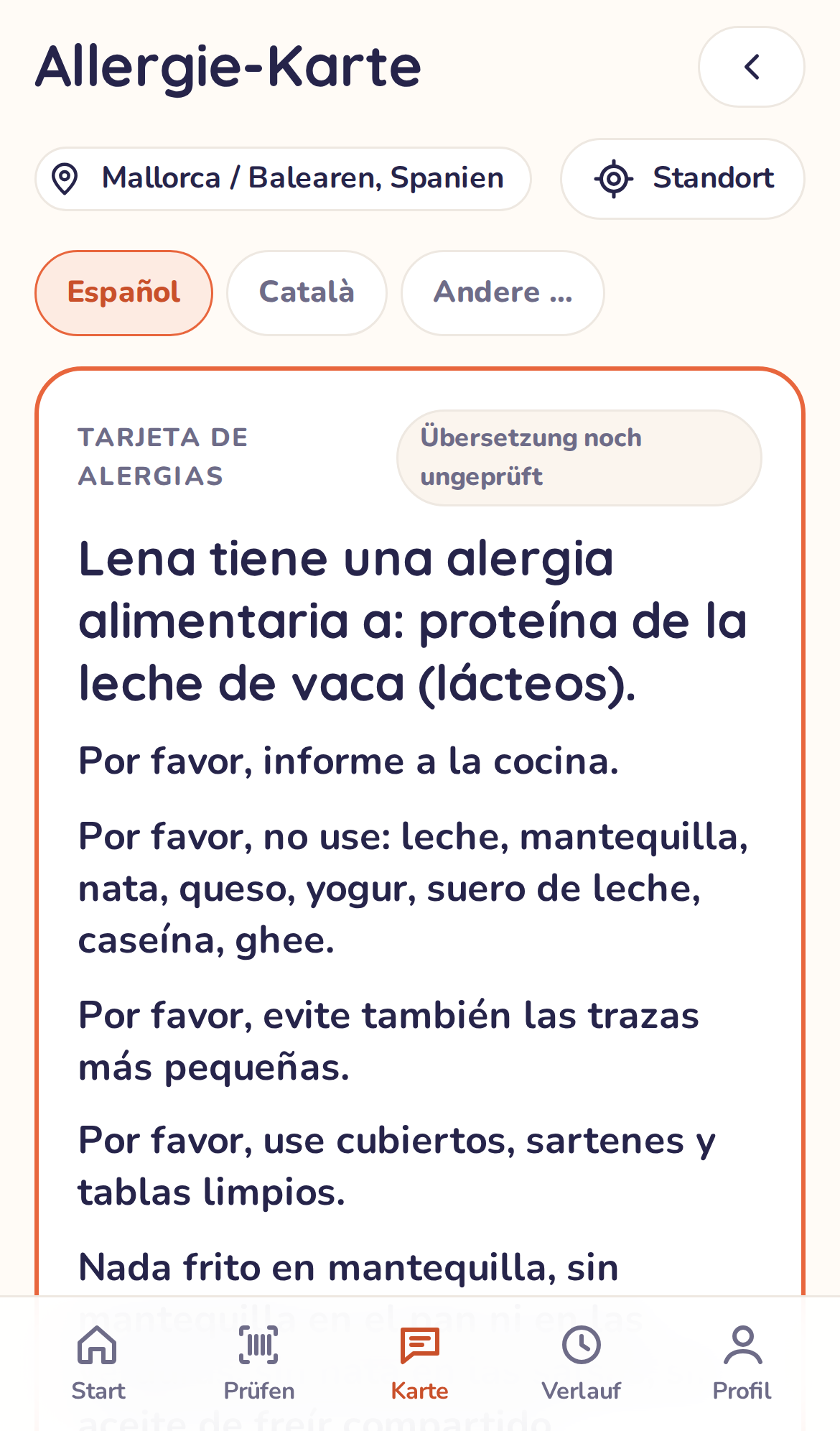 Allergie-Karte auf Spanisch